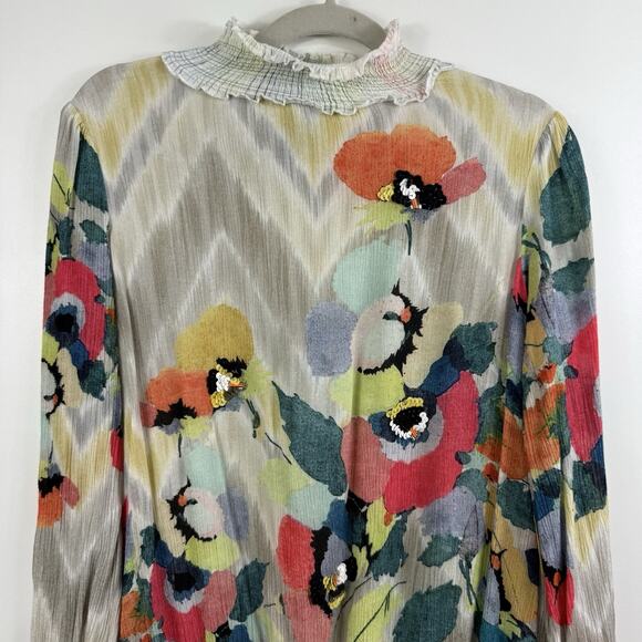 Anthropologie Blank London Floral Watercolor Top XS Smocked Sequin Chevron Boho - Picture 2 of 16